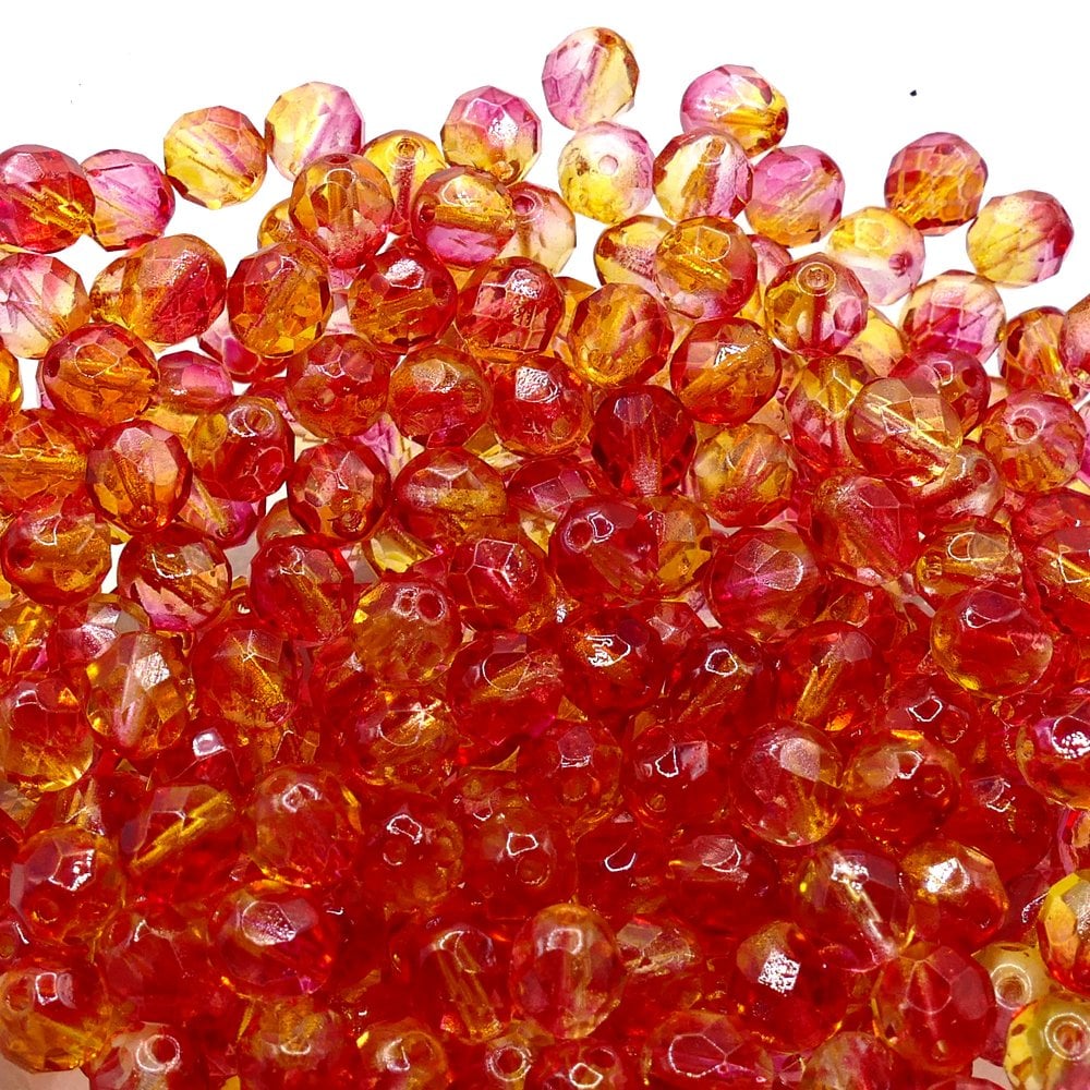 8mm Czech Faceted Round Glass Bead, dual coated, fuchsia/lemon