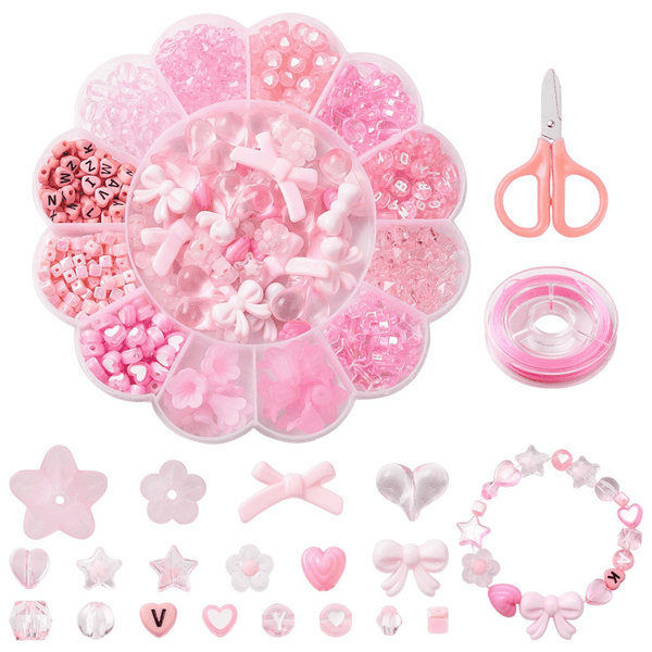 Acrylic Beads Bracelet Kit w/Elastic Thread, pink tones