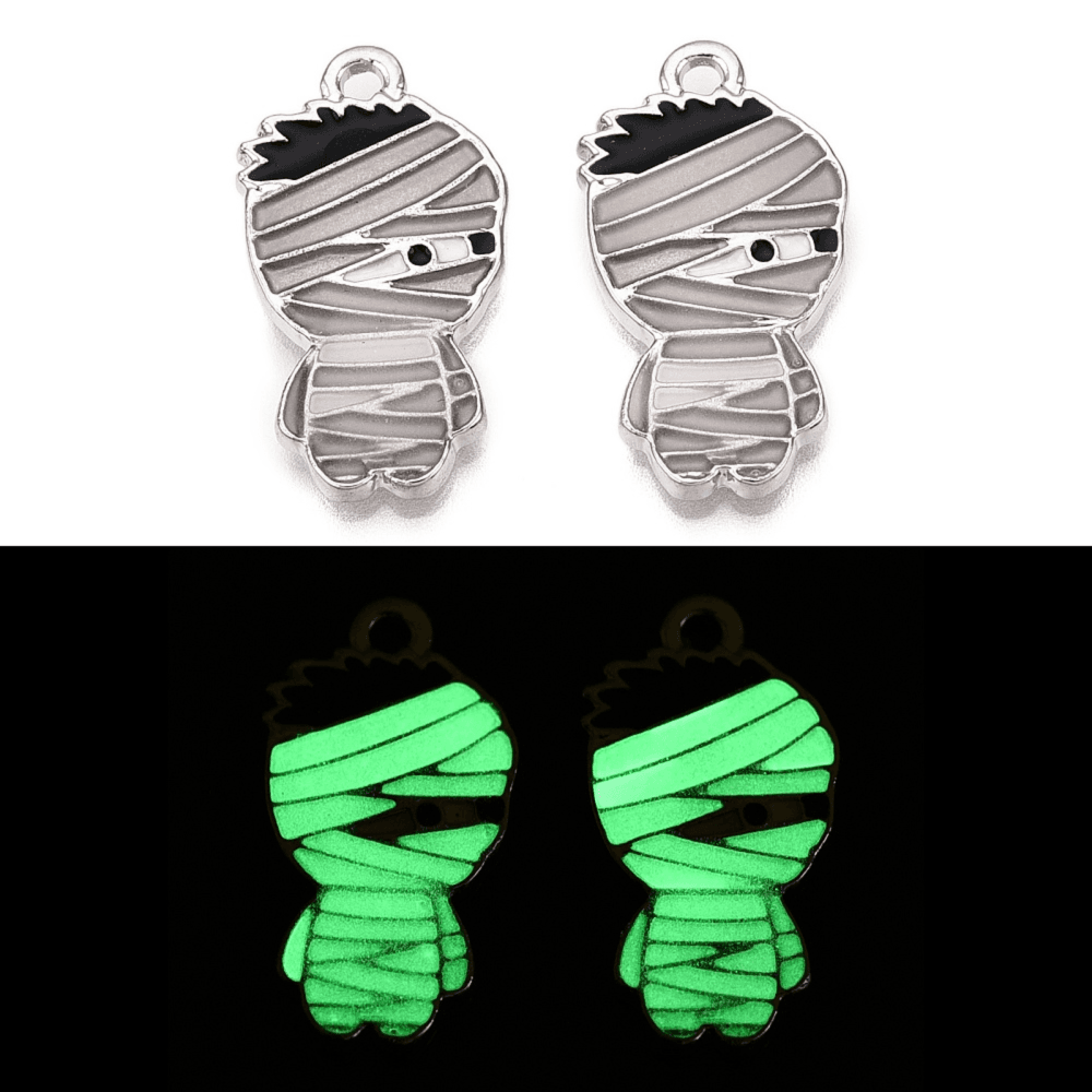 Glow in the Dark Enamelled Mummy Pendant 22x12mm, silver/black, additional photo