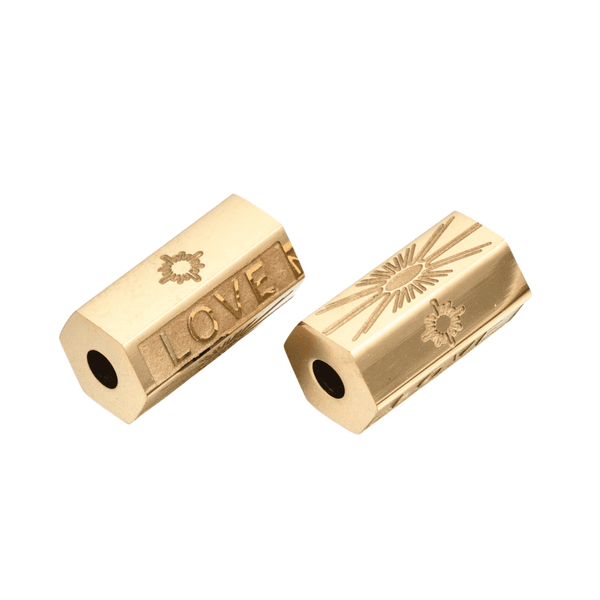 304 Stainless Steel Hexagonal Prism 'Love' Bead 12x7mm, 14k-gold-plated