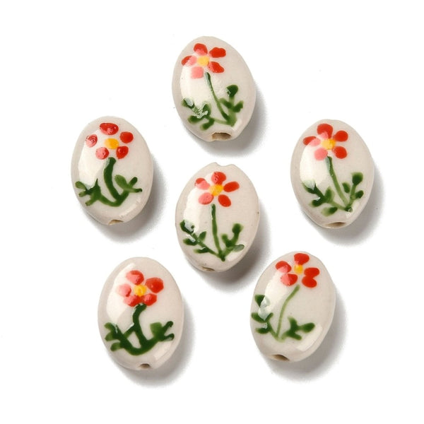 Handmade Porcelain Oval Beads 12x8mm, red/white