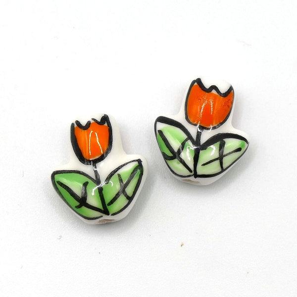 Handmade Porcelain Tulip Beads 16x14mm, orange