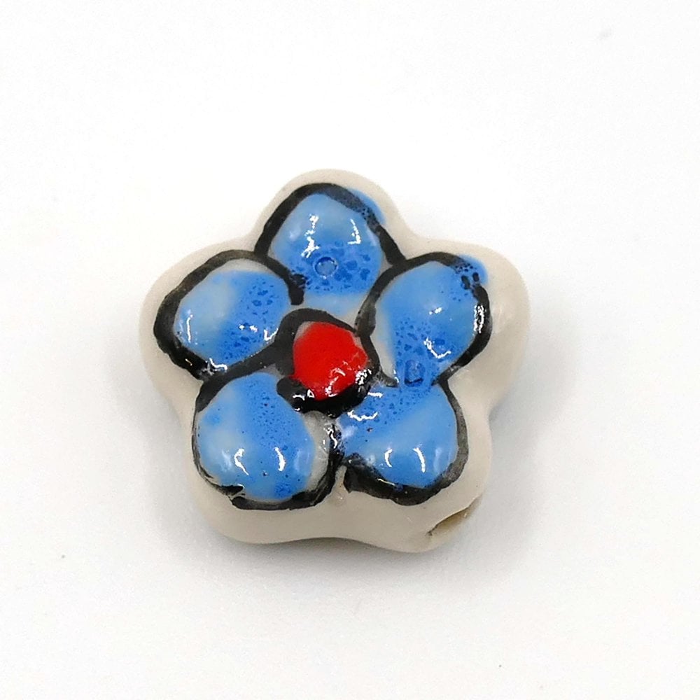 Handmade Porcelain Flower Beads 16mm, blue/red