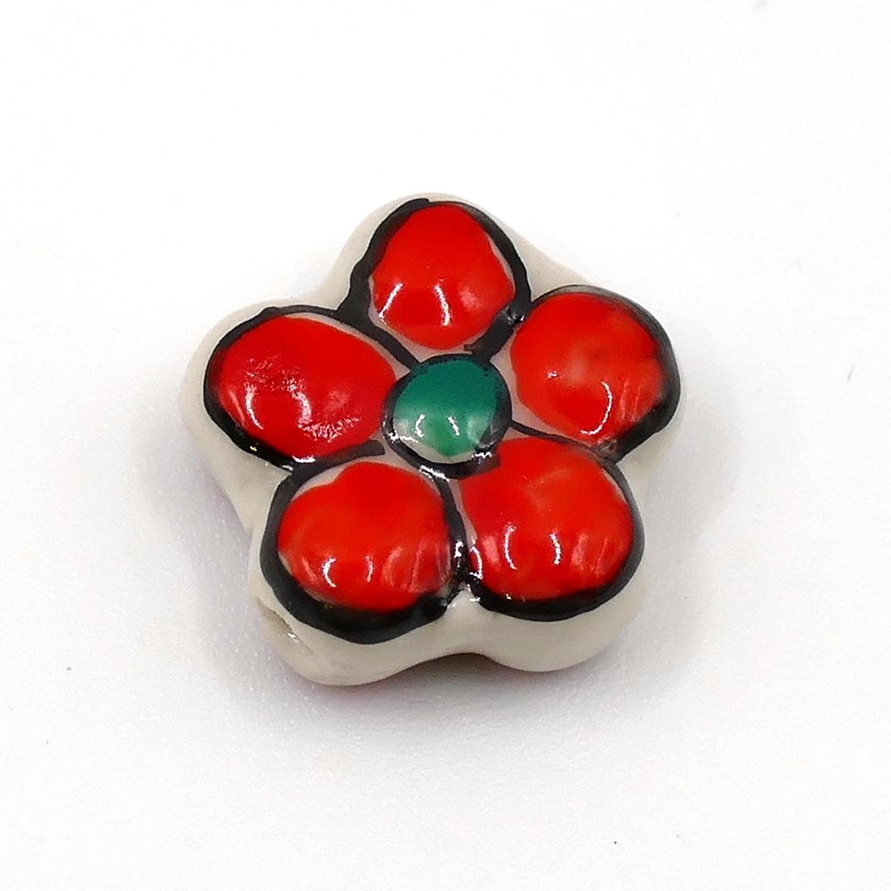 Handmade Porcelain Flower Beads 16mm, red/green