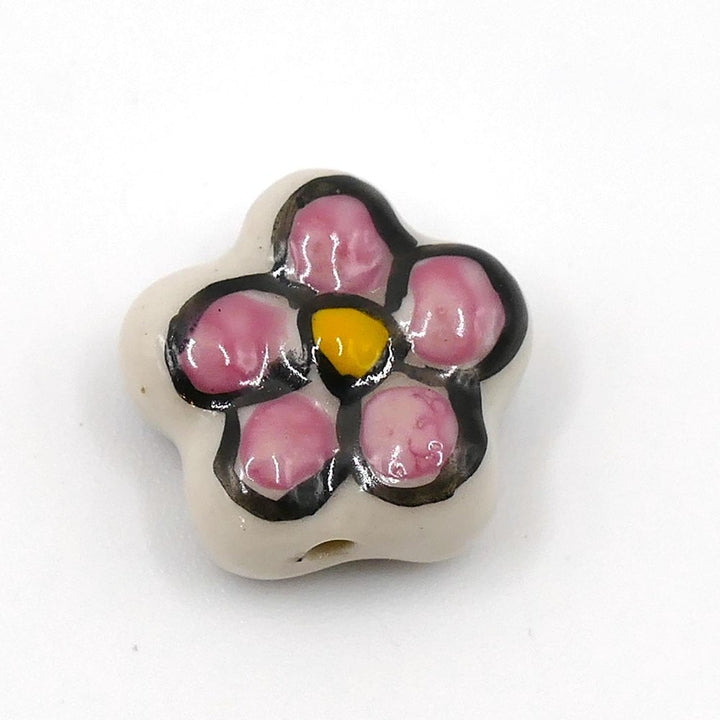 Handmade Porcelain Flower Beads 16mm, purple/yellow