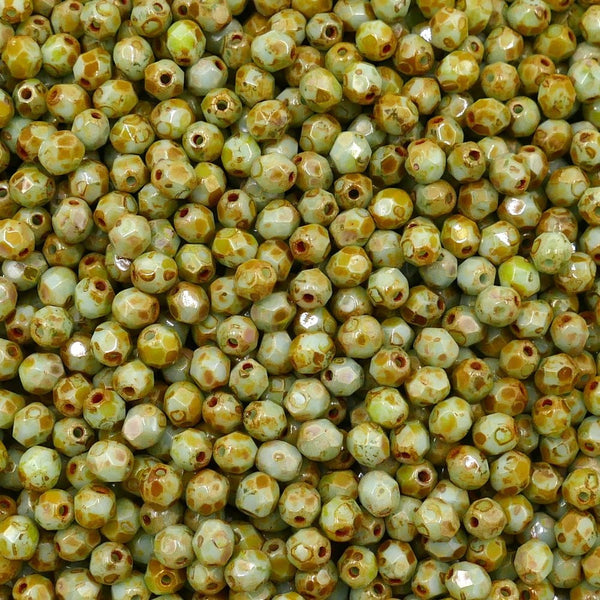 4mm Czech Faceted Round Glass Bead, picasso opaque pale turquoise