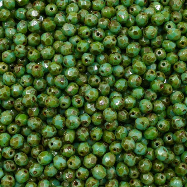 4mm Czech Faceted Round Glass Bead, picasso turquoise