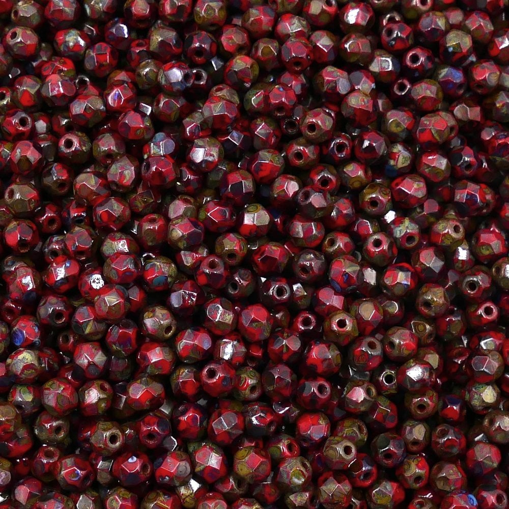 4mm Czech Faceted Round Glass Bead, picasso opaque red