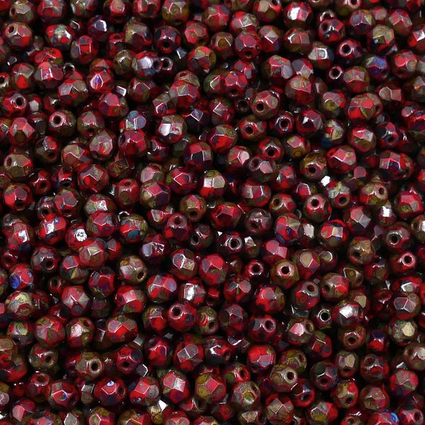4mm Czech Faceted Round Glass Bead, picasso opaque red