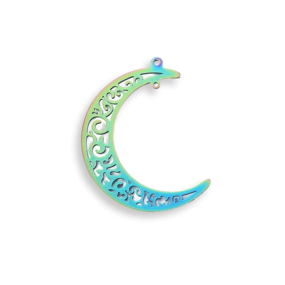 304 Stainless Steel Half Moon Pendant 40x34mm, rainbow, additional photo