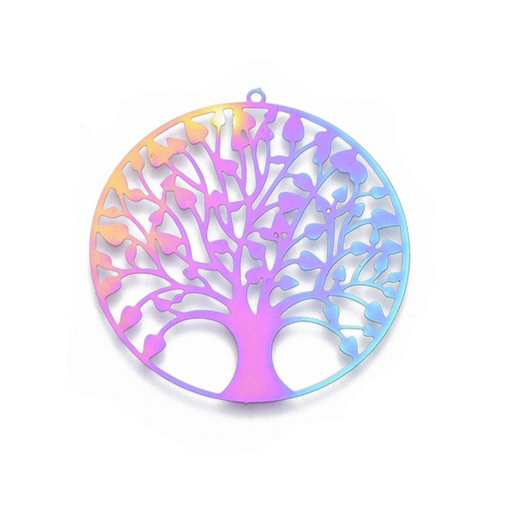 201 Stainless Steel Filigree Tree of Life Pendant 47mm, rainbow, additional photo