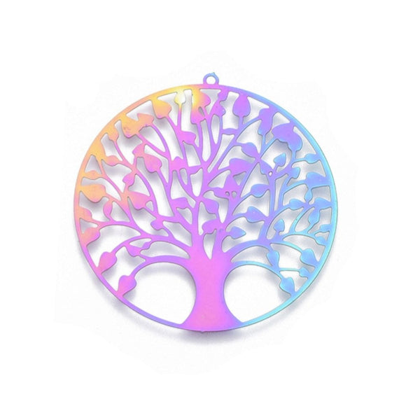 201 Stainless Steel Filigree Tree of Life Pendant 47mm, rainbow, additional photo