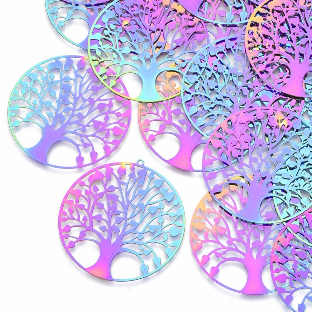 201 Stainless Steel Filigree Tree of Life Pendant 47mm, rainbow