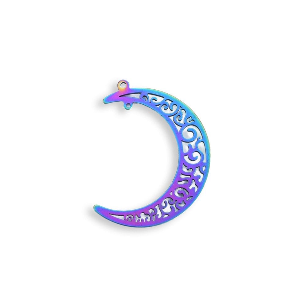 304 Stainless Steel Half Moon Pendant 40x34mm, rainbow