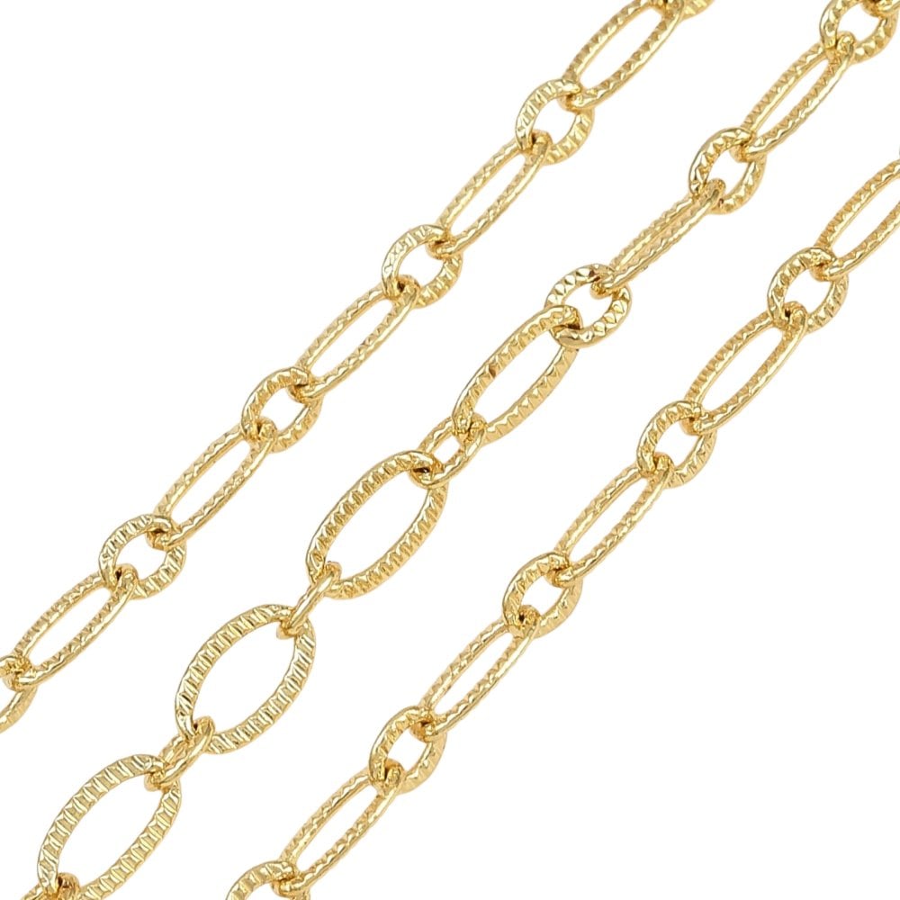 Gold-plated textured oval link chain, 7.5x4mm, with textured long oval links and small round links