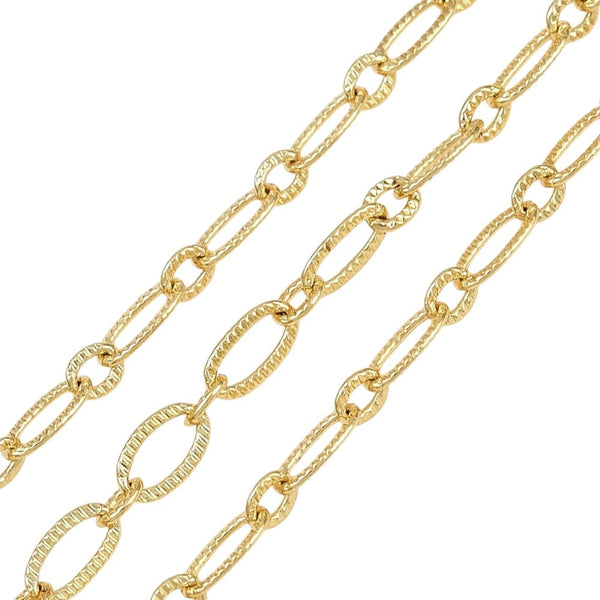 Gold-plated textured oval link chain, 7.5x4mm, with textured long oval links and small round links