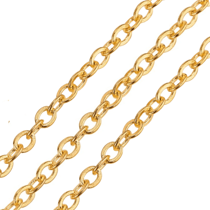 Gold-plated flat oval cable chain, 3x2.5mm links, shown in three diagonal strands