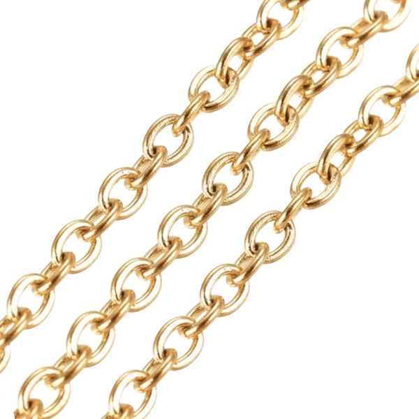 304 stainless steel flat cable chain, 2.5x2mm, antique gold plated, shown in three diagonal strands