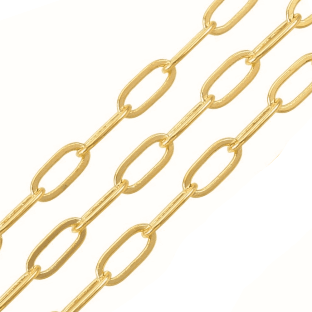 Gold-plated flat elongated paperclip chain, 7x3mm links, shown in three diagonal strands