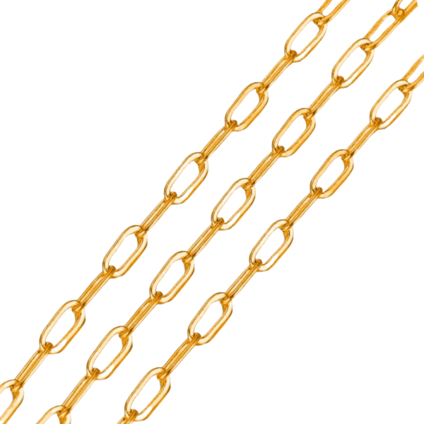 Gold-plated flat paperclip chain, 6x3mm links, shown in three diagonal strands