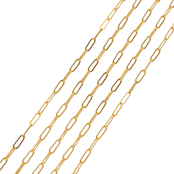Gold-plated flat elongated paperclip chain, 7.5x3mm links, shown in five diagonal strands