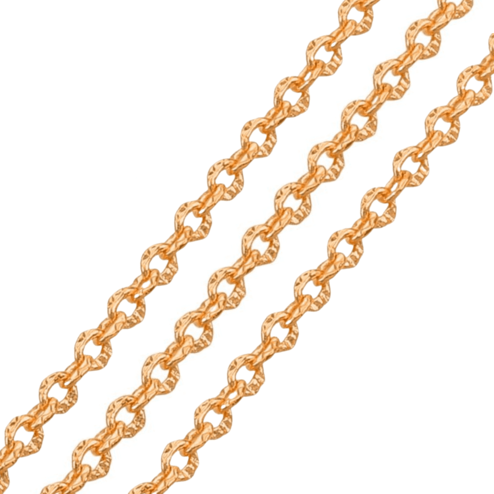 Gold-plated textured oval cable chain, 2x1.4mm links, shown in three diagonal strands