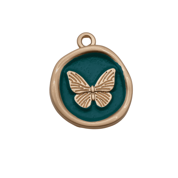 Enamel Butterfly Pendant 22mm, teal/gold-plated
