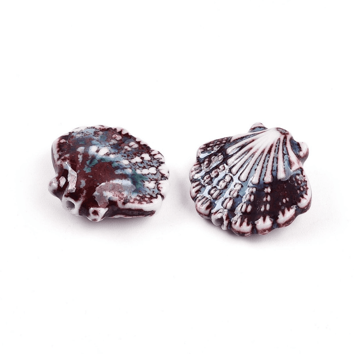 Handmade Glazed Porcelain Shell Beads 25mm, red/brown, additional photo