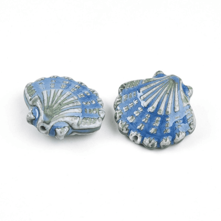 Handmade Glazed Porcelain Shell Beads 25mm, blue/green, additional photo