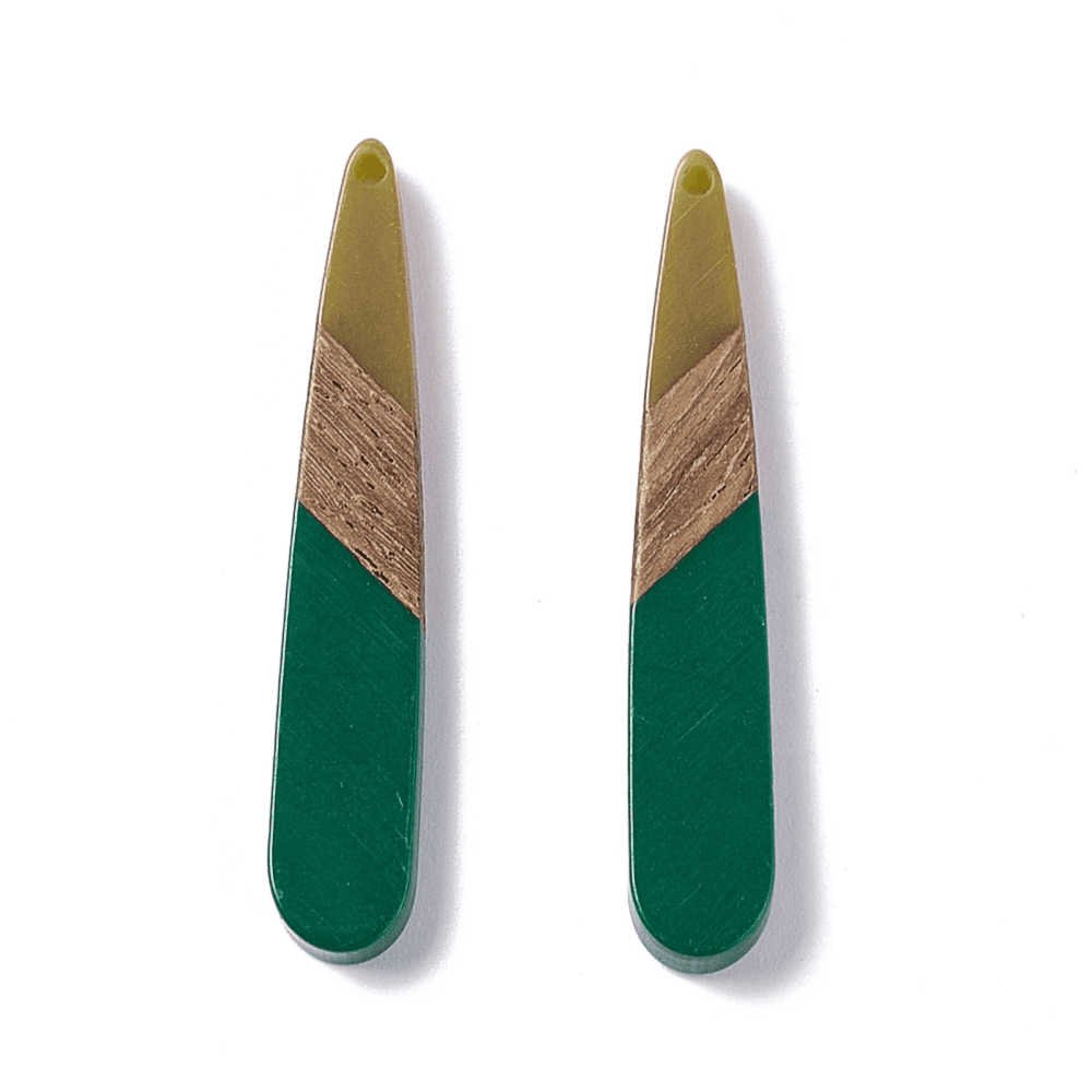 44x7mm Resin & Walnut Teardrop Pendant, dark lime/green