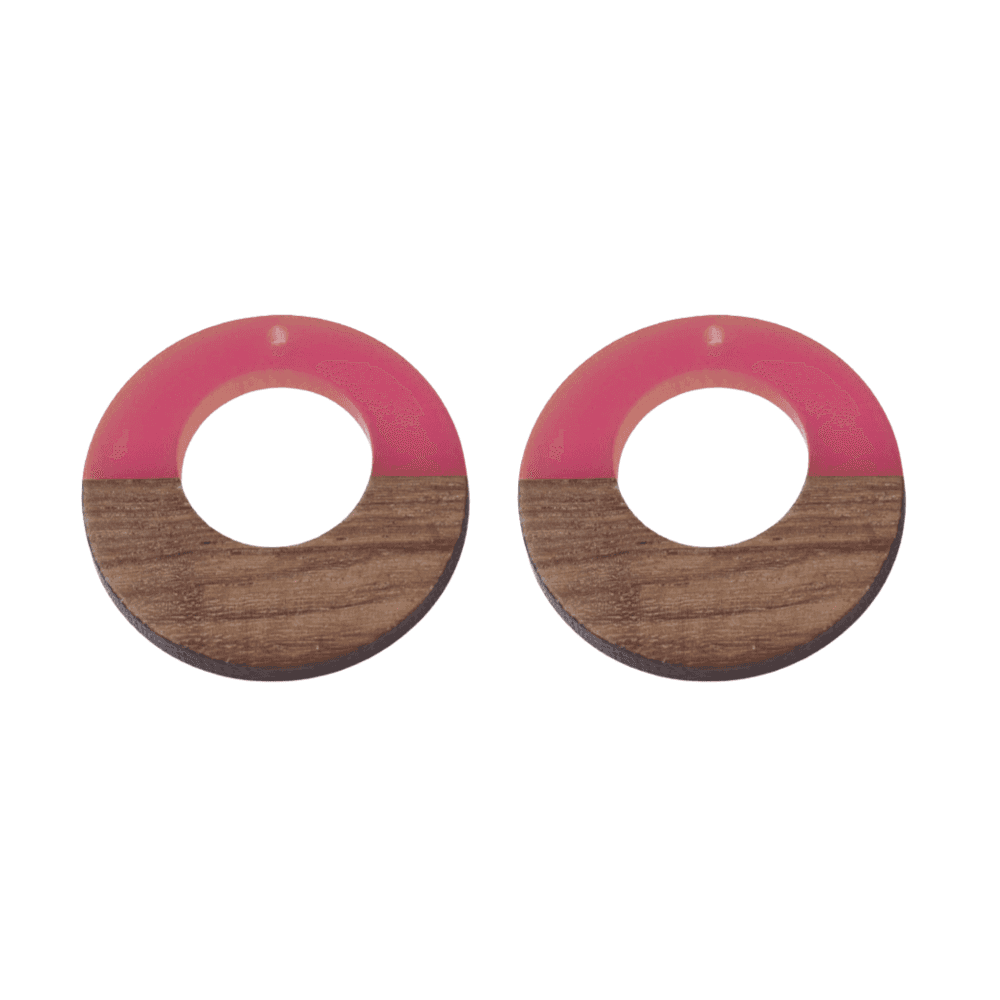 38x3mm Resin & Walnut Ring Pendant, walnut/hot pink