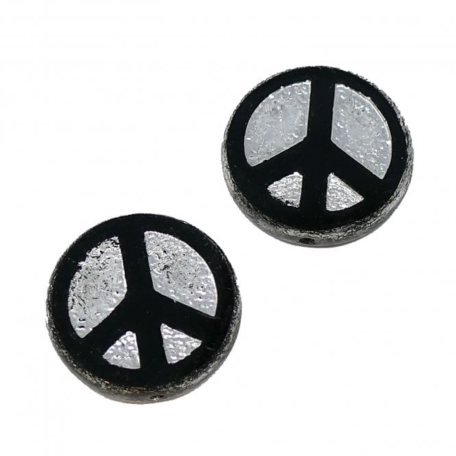 16x16mm Czech Glass Table Cut Peace Coin Beads - Black/Silver - 2pcs