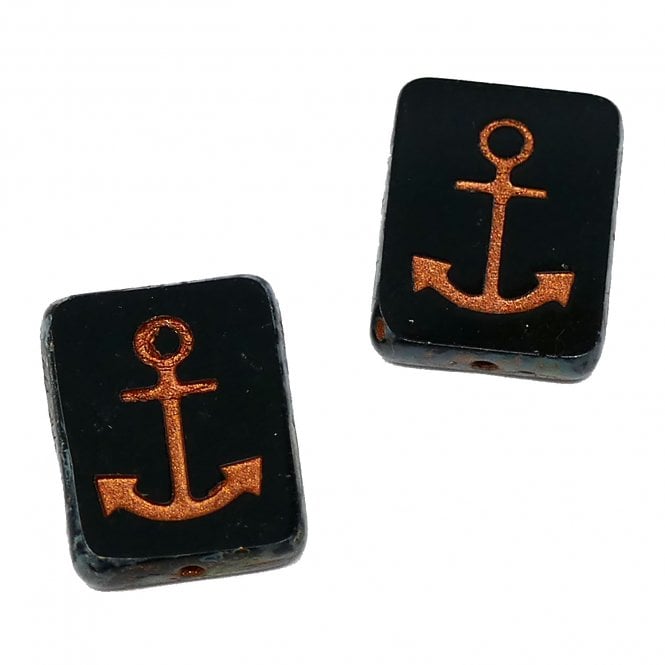 18x12mm Czech Glass Nautical Anchor Beads - Black/Copper - 2pcs