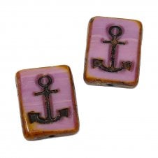 18x12mm Czech Glass Nautical Anchor Beads - Pink/Brown - 2pcs