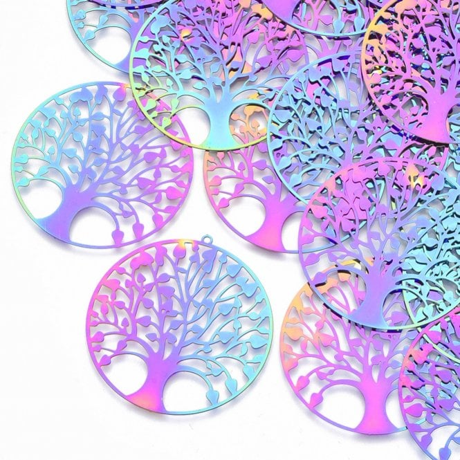 201 Stainless Steel Filigree Tree of Life Pendant 47mm - Rainbow - 1pc