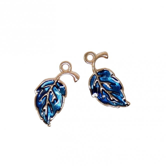 20x10mm Enamel Blue Leaf Charm - Gold Plated - 2pcs