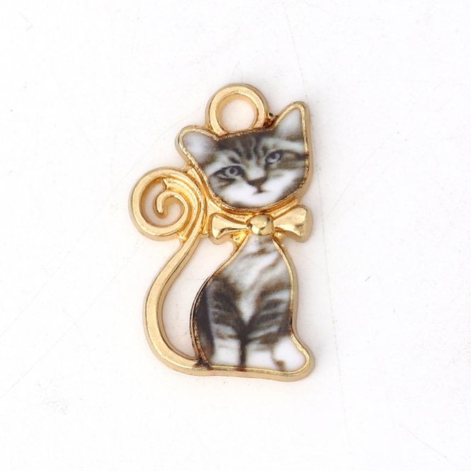 21x13mm Enamel Black And White Cat Pendant - Gold Plated - 1pc