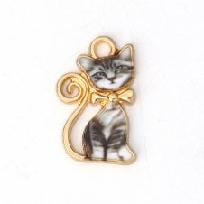 21x13mm Enamel Black And White Cat Pendant - Gold Plated - 1pc