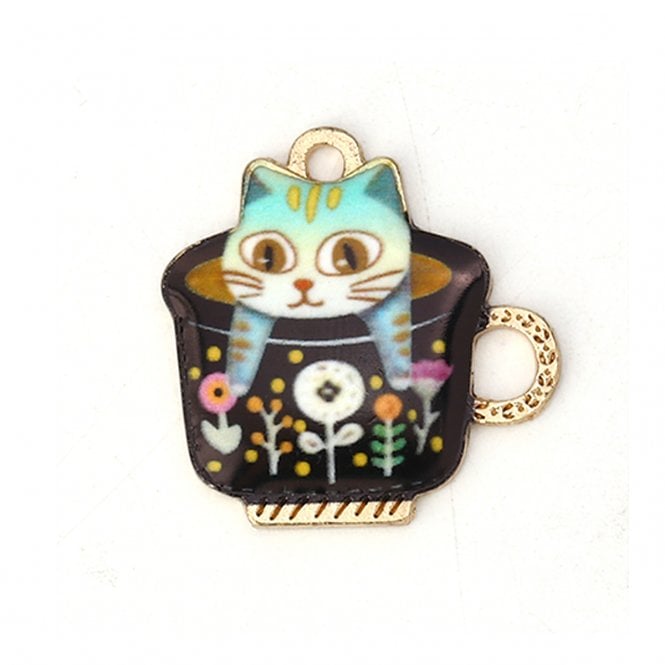 23mm Enamel Cat In Cup Pendant - Black - Gold Plated - 1pc