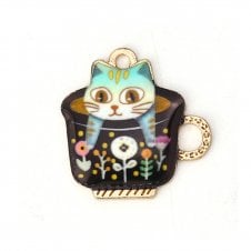 23mm Enamel Cat In Cup Pendant - Black - Gold Plated - 1pc
