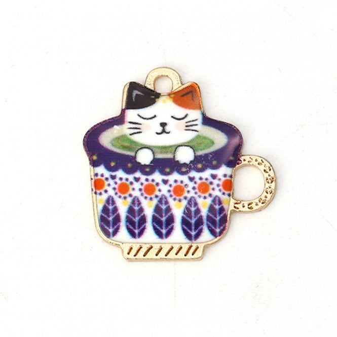 23mm Enamel Cat In Cup Pendant - Purple - Gold Plated - 1pc