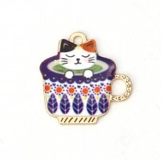 23mm Enamel Cat In Cup Pendant - Purple - Gold Plated - 1pc