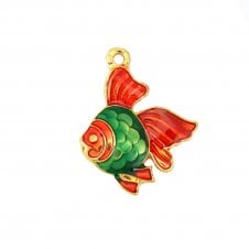 23x18mm Enamel Red/Green Fish Pendant - Gold Plated - 1pc