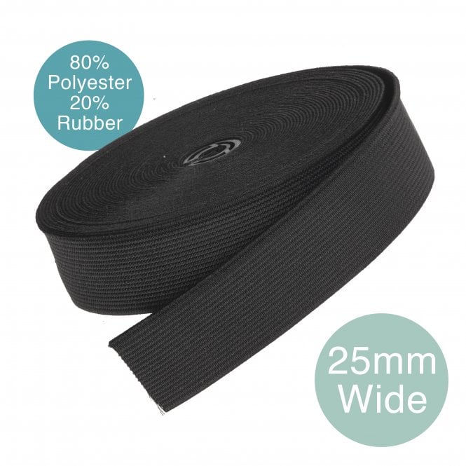 25mm (1 inch) Wide Flat Woven Elastic - Black - 6 metre pack