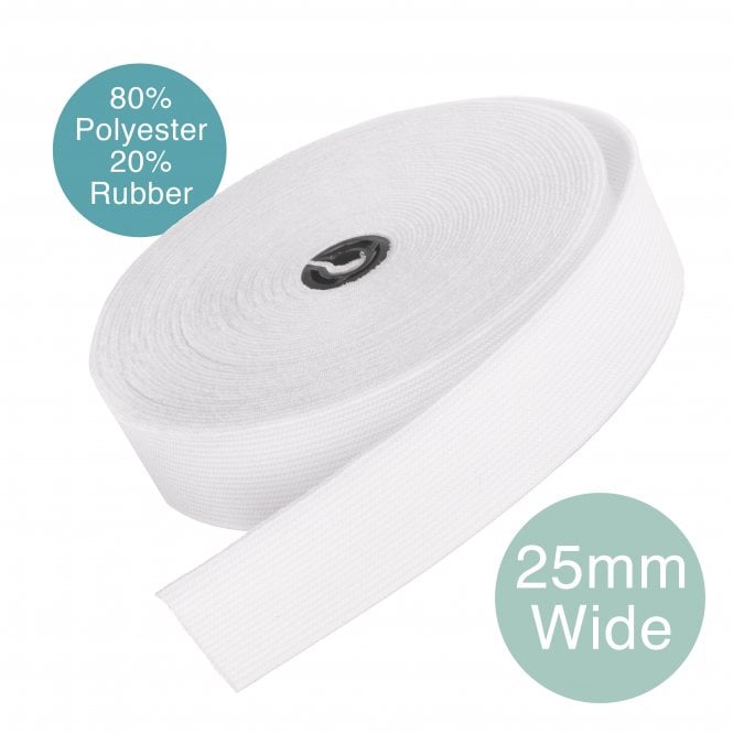 25mm (1 inch) Wide Flat Woven Elastic - White - 6 metre pack