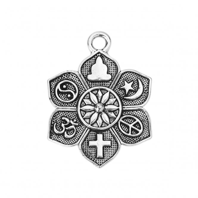 27mm Lotus Flower with Spiritual Symbols Pendant - Antique Silver Plated - 1pc