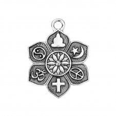 27mm Lotus Flower with Spiritual Symbols Pendant - Antique Silver Plated - 1pc