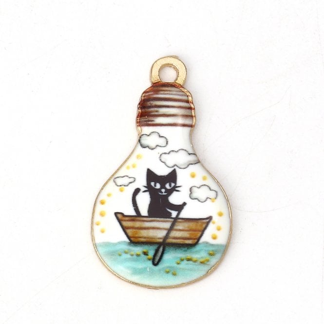 28x17mm Enamel Black Cat in Boat Charm - Gold Plated - 1pc