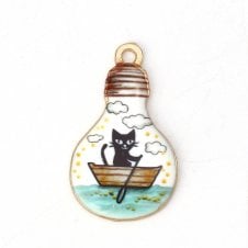 28x17mm Enamel Black Cat in Boat Charm - Gold Plated - 1pc
