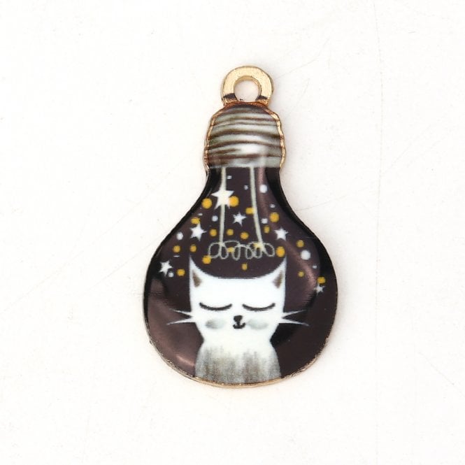 28x17mm Enamel White Cat in Bulb Pendant - Gold Plated - 1pc